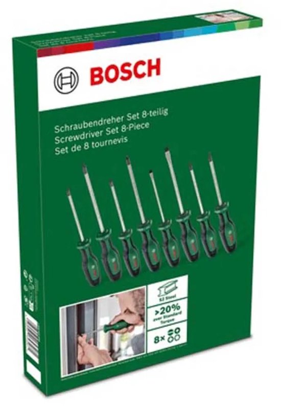 Doos van de Bosch schroevendraaierset met 8 delen, met afbeeldingen van schroevendraaiers en gebruik.