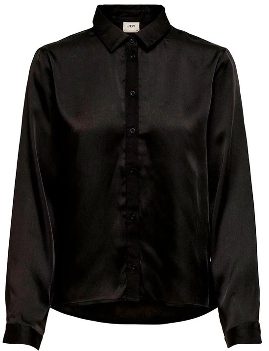 Zwarte satijnen blouse met lange mouwen en knoopjes.