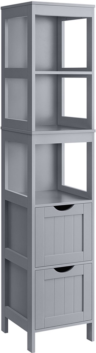 Furnstar Badkamerkast Vrijstaand – Badkamermeubel met 2 Lades en Open Vakken – Modern – Duifgrijs – 30 x 30 x 141,5 cm