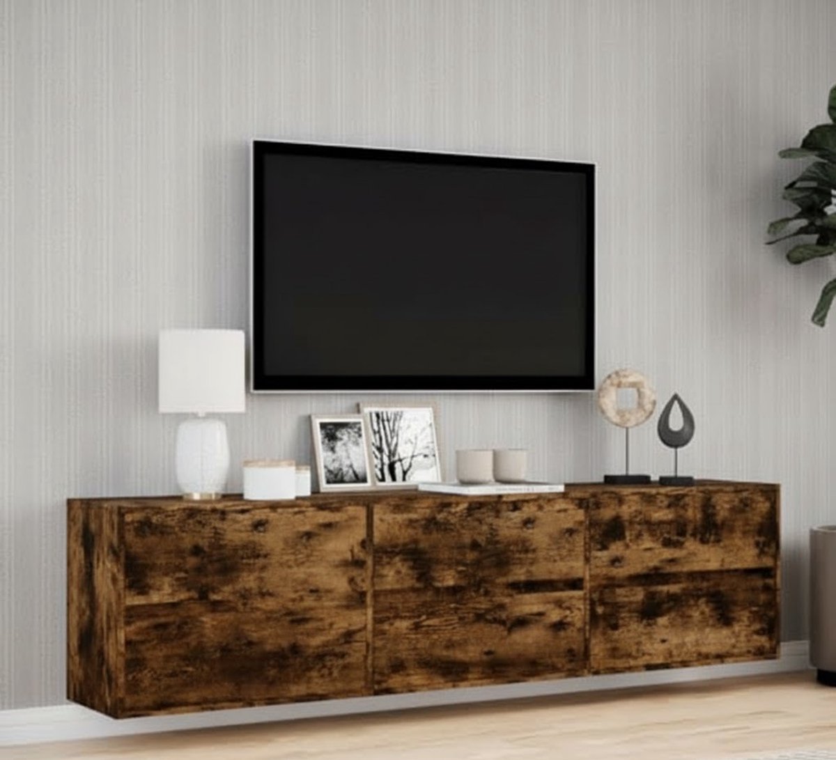 LUXE 180 cm Zwevend TV-Meubel met LED-Verlichting – Modern Wandmontage Entertainment Center met 6 Schubladen – Gerookte Eiken Look – TV-Kast met Opbergruimte Bellaverowonen