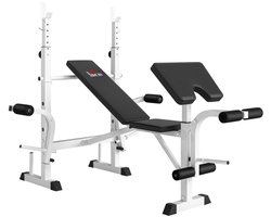 Gewichtbank met Halterrek, Borstpress, Legpress, Armleuningen - Fitness Halterbank - Fitnessbank - Bench Press Bank - Trainingsbank - in 6 standen Verstelbaar - Inklapbaar - Workout - Krachttraining - Zwart/Wit
