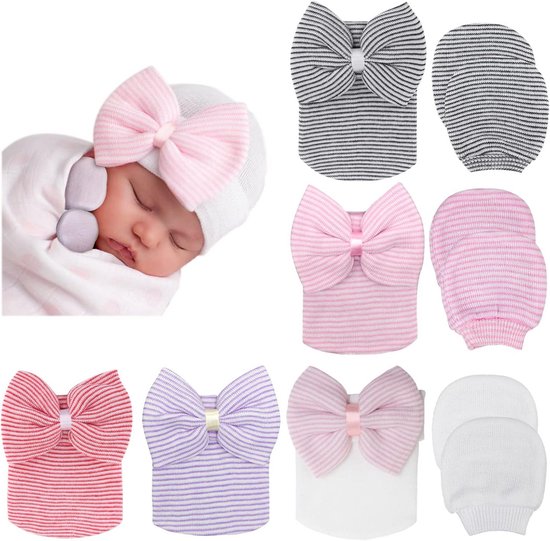 Geboorte Muts en Wanten Set voor Baby's - 5 Mutsjes en 3 Paar Wanten voor 0-3 Maanden