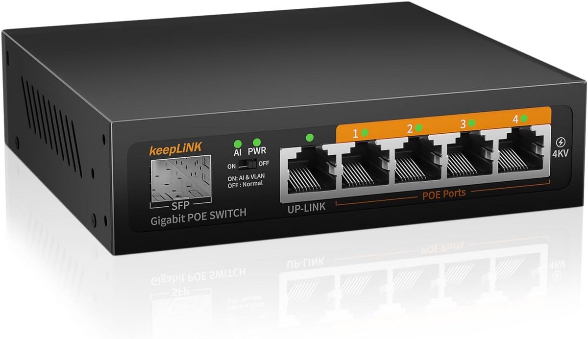Gigabit Poe Switch met 6 Poorten, 4 Poe+ Poorten en 1 Uplinkpoort, Plug and Play, Stille Metalen Behuizing
