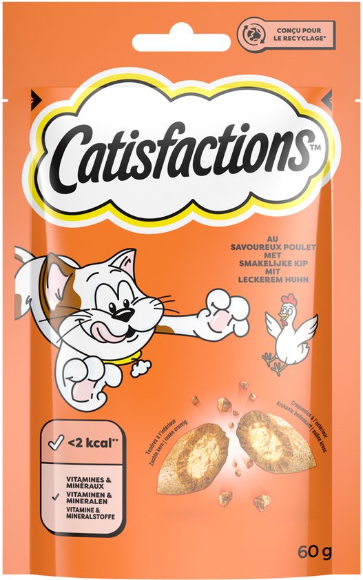 Catisfactions snackzakje (60g) met kip, vitamines en mineralen. Krokant van buiten, zacht van binnen.