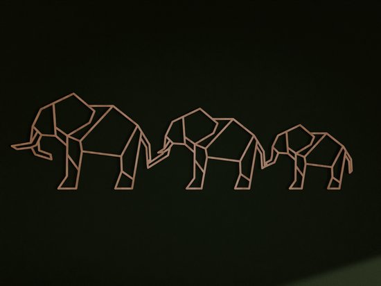 HOUTEN WANDDECORATIE / WOODEN WALL DECORATION - GEOMETRISCHE MUURDECORATIE / GEOMETRIC WALL ART - OLIFANTEN / ELEPHANTS - 130 x 37cm - LICHT HOUT / NATURAL WOOD - ORIGAMI DESIGN WANDFIGUUR - ECHT HOUT - REAL WOOD - AFRIKAANSE DIEREN – NATUUR