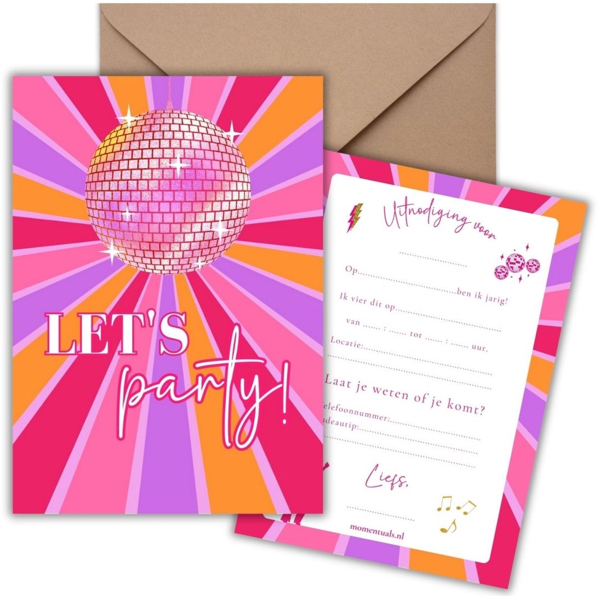 Uitnodiging Kinderfeestje 10 Kaarten + Enveloppen - Discobal - Party - Roze – Jongen & Meisje – Uitnodigingskaarten - Beschrijfbaar – Verjaardag Kind