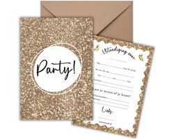 Uitnodiging Kinderfeestje 10 Kaarten + Enveloppen - Party Goud – Jongen & Meisje - Uitnodigingskaarten – Beschrijfbaar – Verjaardag Kind