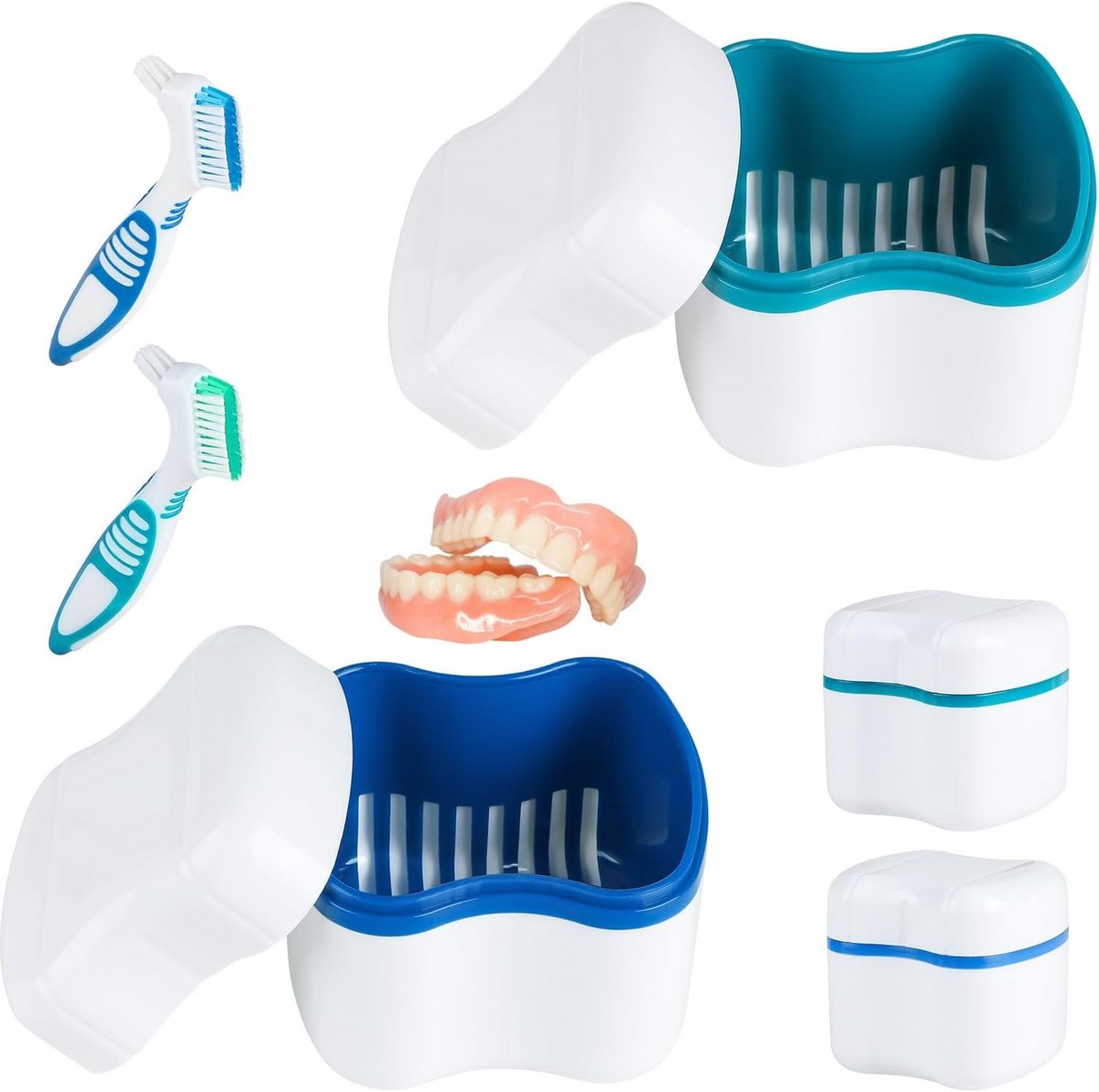 Denture Containers Set - Storage & Cleaning Box with Toothbrush, 2-Pack