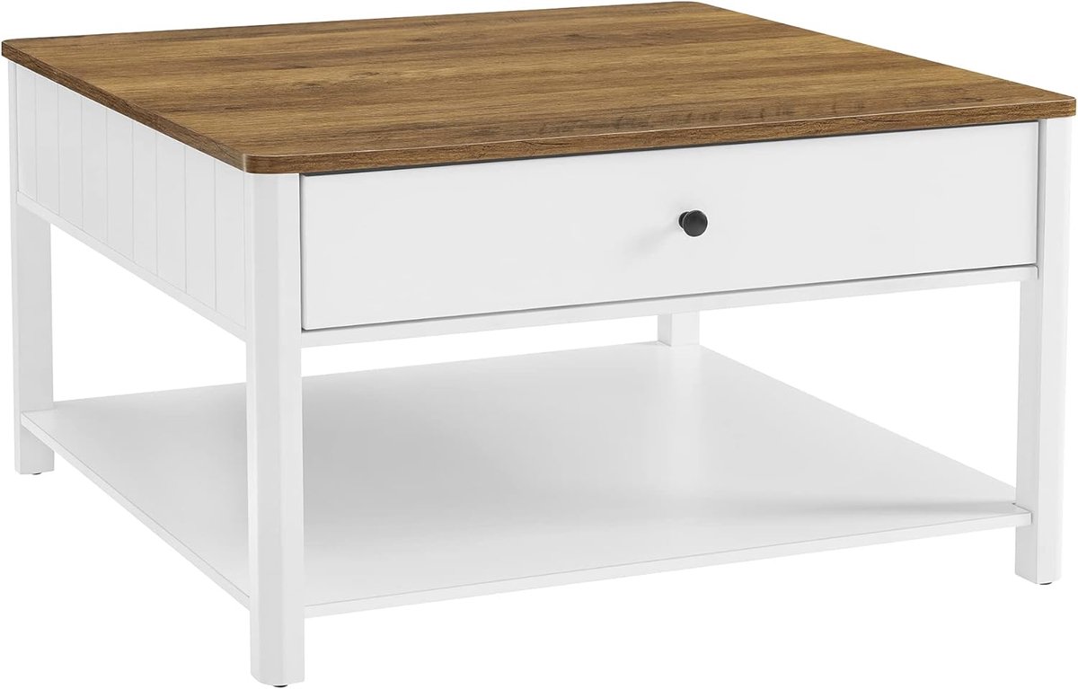 Furnstar Salontafel 80x80x45 cm – Met 2 Grote Lades & Open Vak – Veel Opbergruimte – Maritieme Stijl – Walnootbruin/Wit