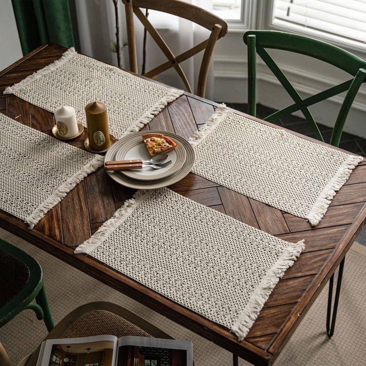 Boho geweven placemats set van 4 beige macramé-stijl placemats voor de keukentafel