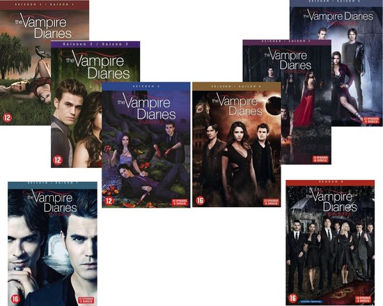 De dvd-hoezen van de tv-serie The Vampire Diaries, seizoenen 1 t/m 8. Verschillende scènes en personages per hoes.