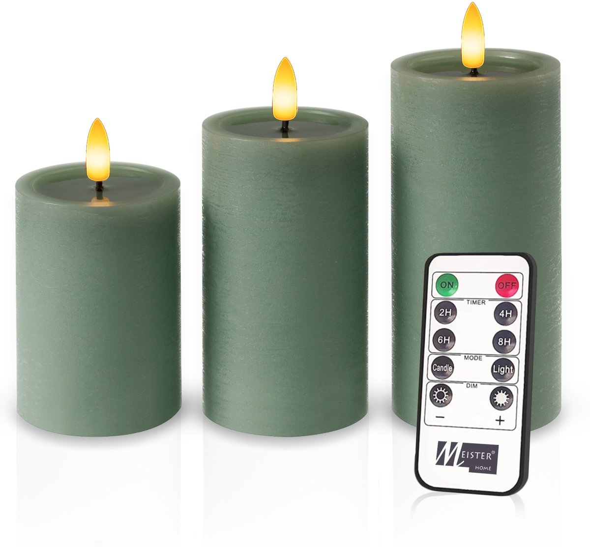 Meisterhome – 3 x Led Stompkaars - Groen – Stompkaars Echte wax - Led kaarsen - 10 / 12.5 / 15 cm Hoog - Met afstandsbediening – Timer 2/4/6/8 uur – Dimbaar