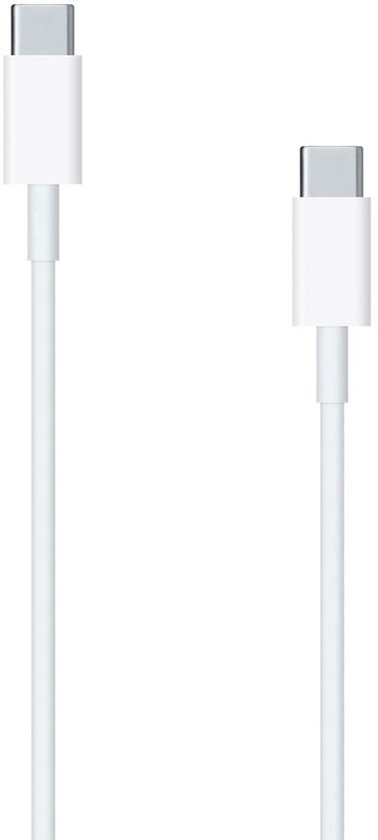 Witte USB-C naar USB-C kabel met zilveren connectoren.