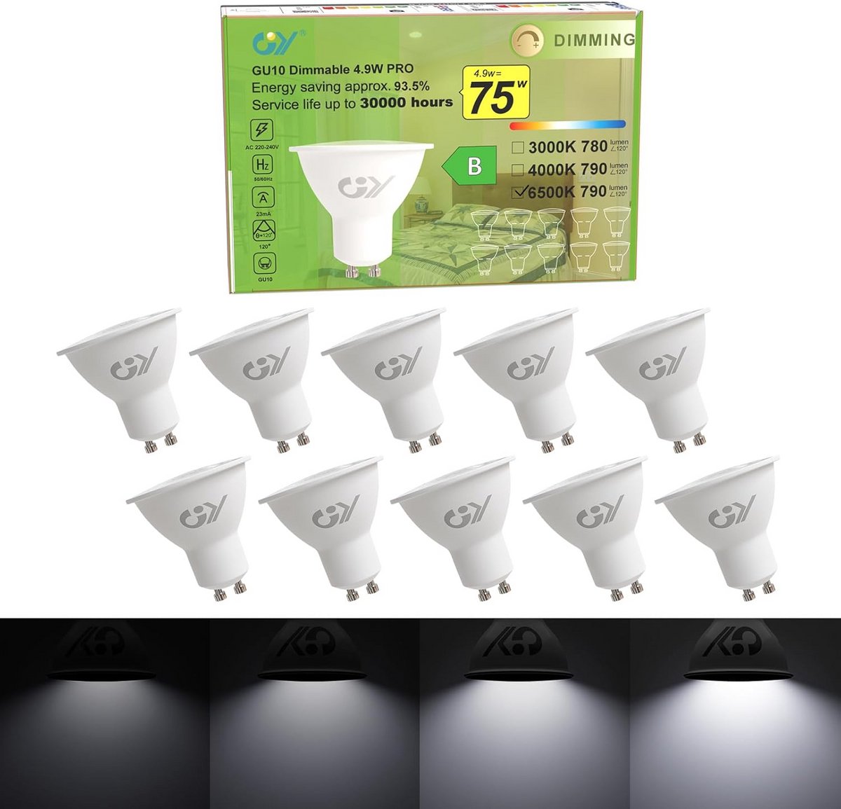 Dimbare GU10 LED Lamp 4,9W - 790lm - Koudwit 6500K - Energiebesparend - 10 Stuks