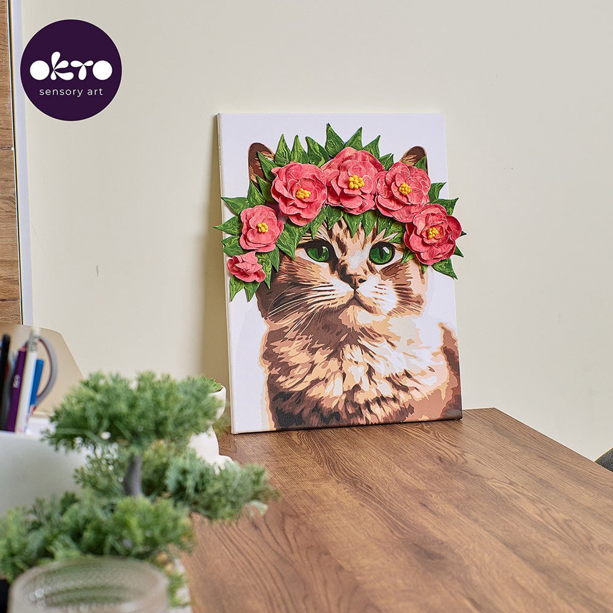 OKTO Sensory Art 3D - Kat met Bloemenkrans - Air Clay + Kleuren op nummers - 30x40cm - 14+