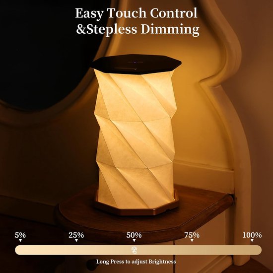 Oplaadbare Draagbare Touch Dimmer Lamp - Opvouwbare Papieren Lamp + Warm Licht - Travel Light / Kleine Batterij Tafellamp / Draagbare Verlichting - Ideaal voor Slaapkamer, Woonkamer & Reizen — afbeelding 3