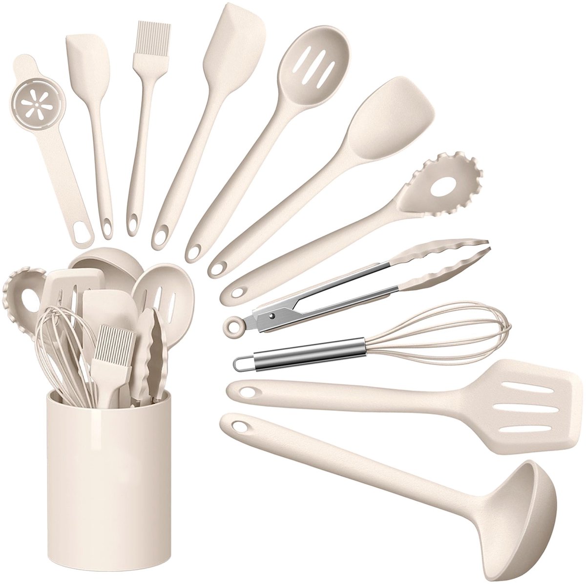 STILVORA Keukengerei-Sets – 12-Delige Keukengerei Set Met Ronde Houder, Anti-Krab Silicone Kookgerei Voor Bakken, Roeren En Braden – Kaki – Silicium