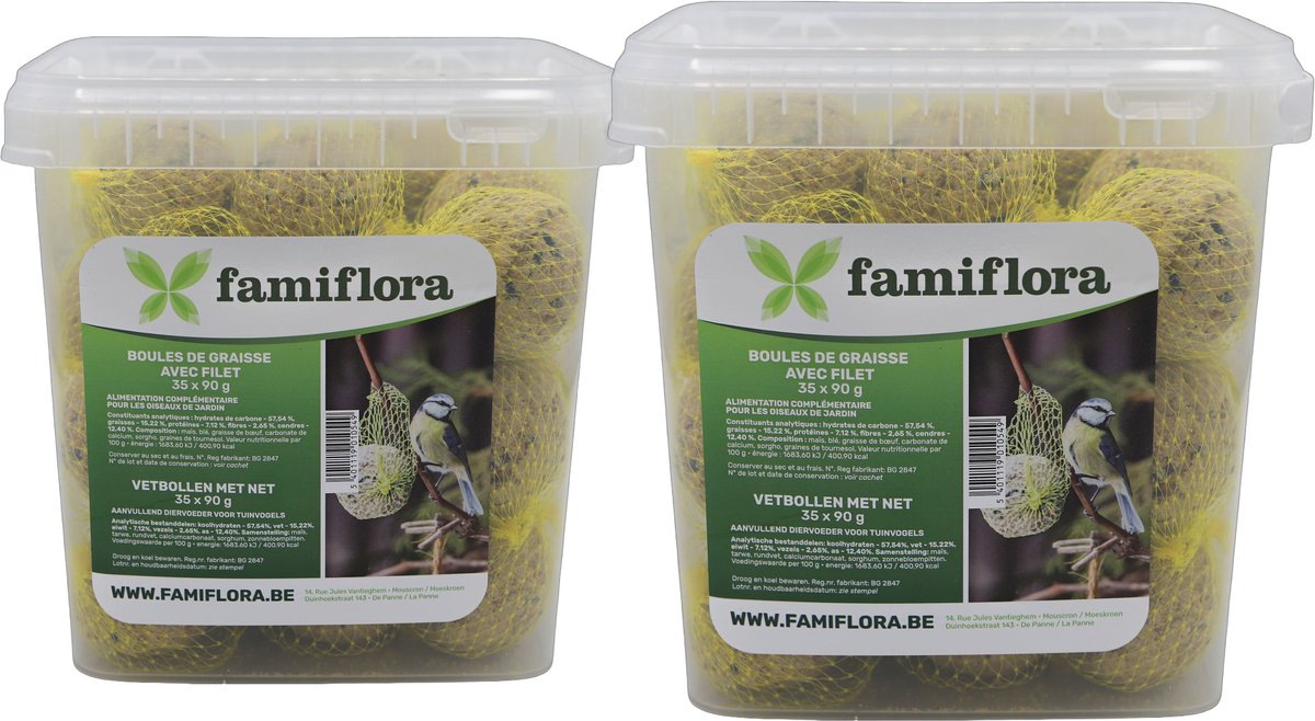 Famiflora set van 70 mezenbollen met netje - 2 x 35 (90g per vetbol) - in emmer - Met netje zodat je eenvoudig kunt ophangen en de vetbollen netjes op hun plek blijven