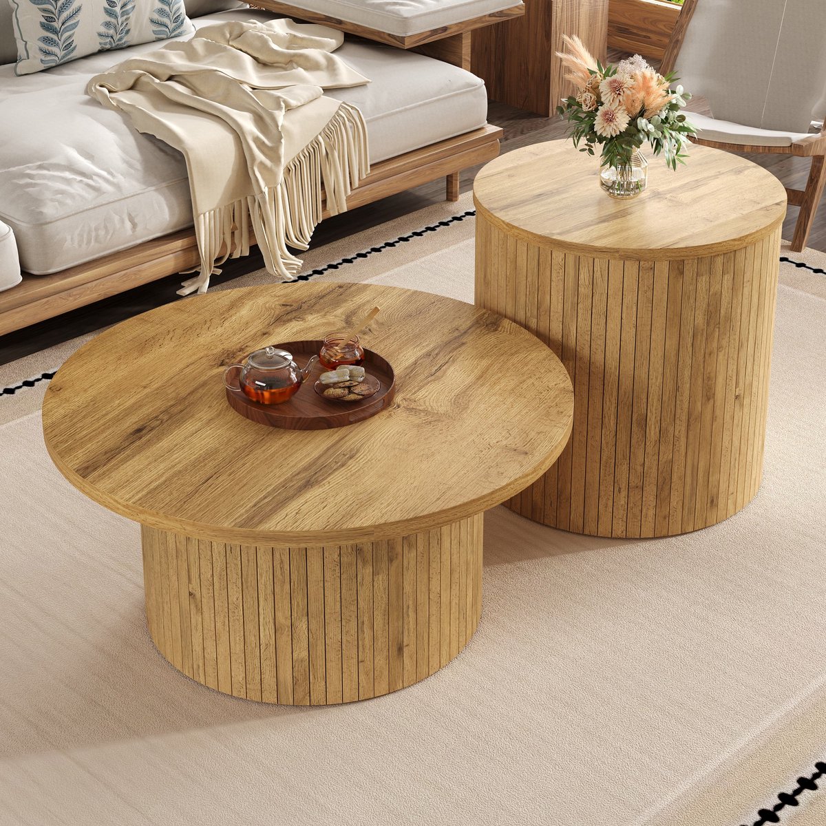 Sweiko Salontafel - Set van 2 - Ronde bijzettafel - φ75cm - Houtnerf - Natuurlijke