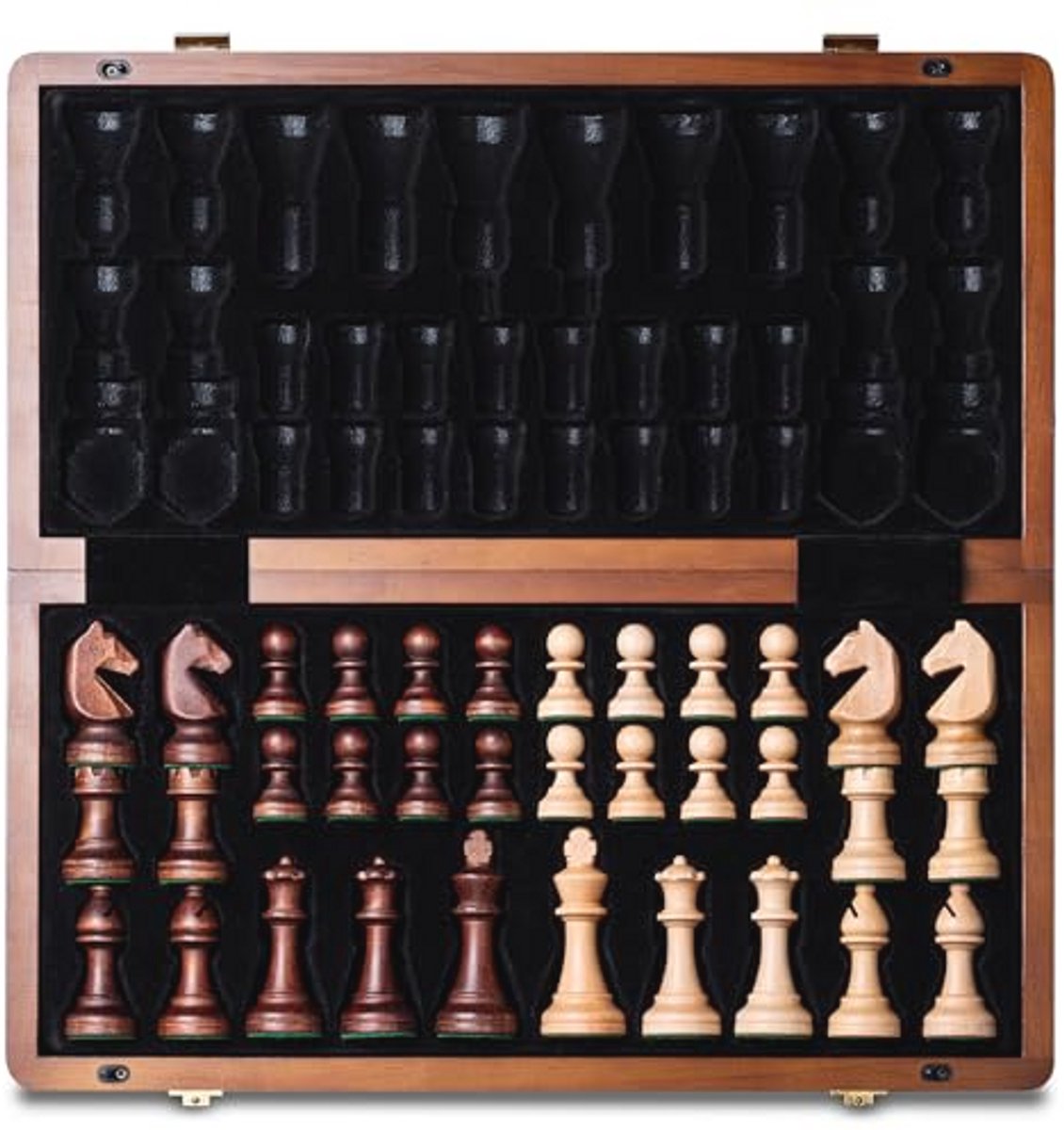 Houten Vouwbare Schaak- en Damset 38 cm - Walnoot Houten Doos met Inlegwerk