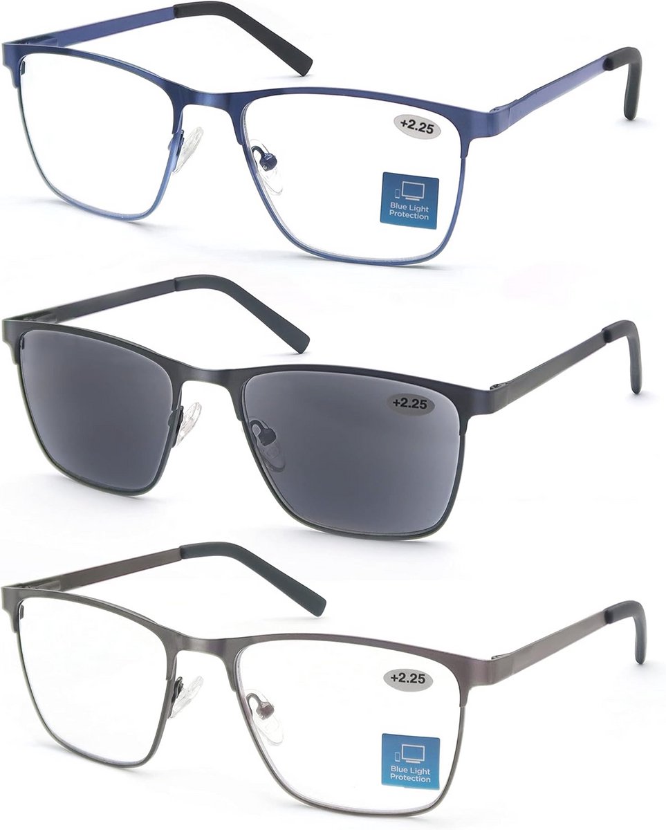 Herenleesbril 3 stuks met blauw lichtfilter en metalen frame