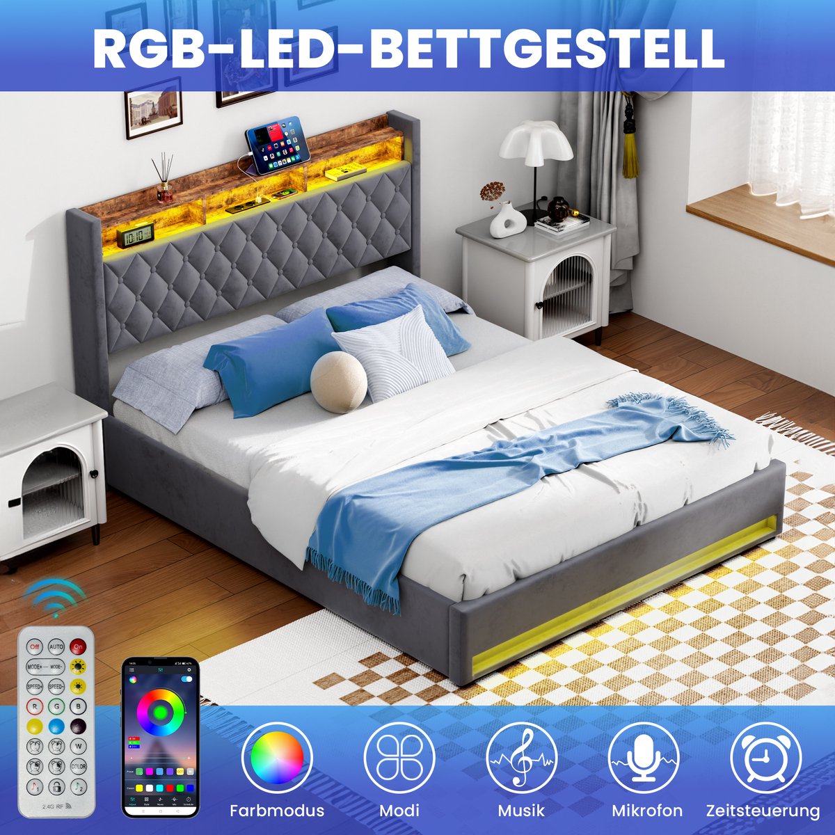 STILVORA Opbergbed 160x200 cm - Groot Opbergvak - USB-Aansluiting - LED-Licht - Veilig Design - Grijs - Samt + Metaal + Hout