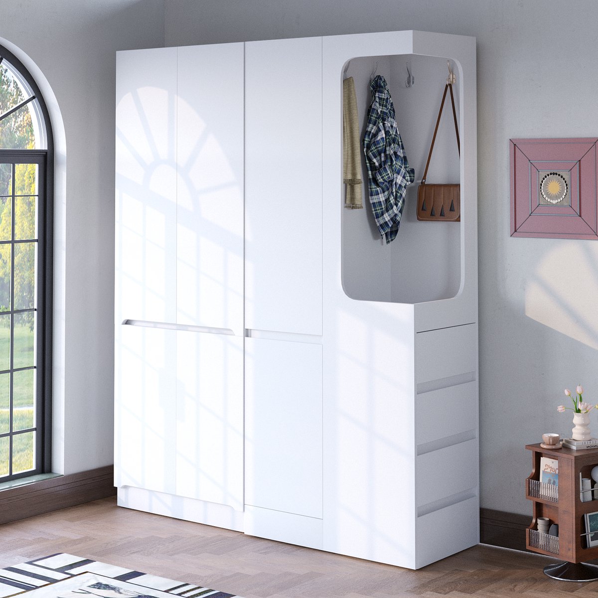Merax Kledingkast 140 x 40 x 170 cm - met lades en opbergvakken - open kledingruimte aan de rechterkant - met opbergruimte - wit