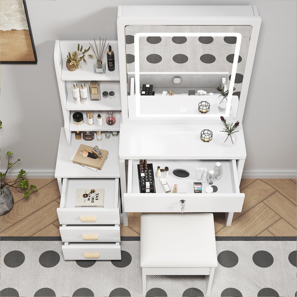 Merax Moderne make-uptafel met spiegel en verlichting - inclusief zachte kruk - make-uptafelkast - vier lades - wit - 85x36x130 cm