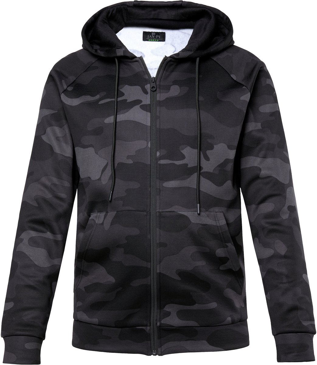 JAY-PI - Heren - Trainingsjack fitness sweatstof camouflage capuchon - Zwart - Maat 7XL