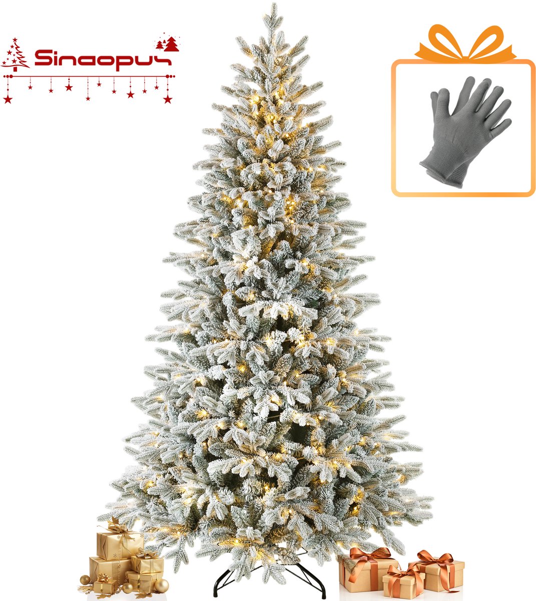 Sinaopus Kunstkerstboom – Met sneeuw – Met LED-verlichting (220 LED’s, 8 lichtmodi) – 1088takken – PVC/PE – Metalen Standaard – Snel opzetten – Opvouwbare takken – 185 cm Flocked kerstboom