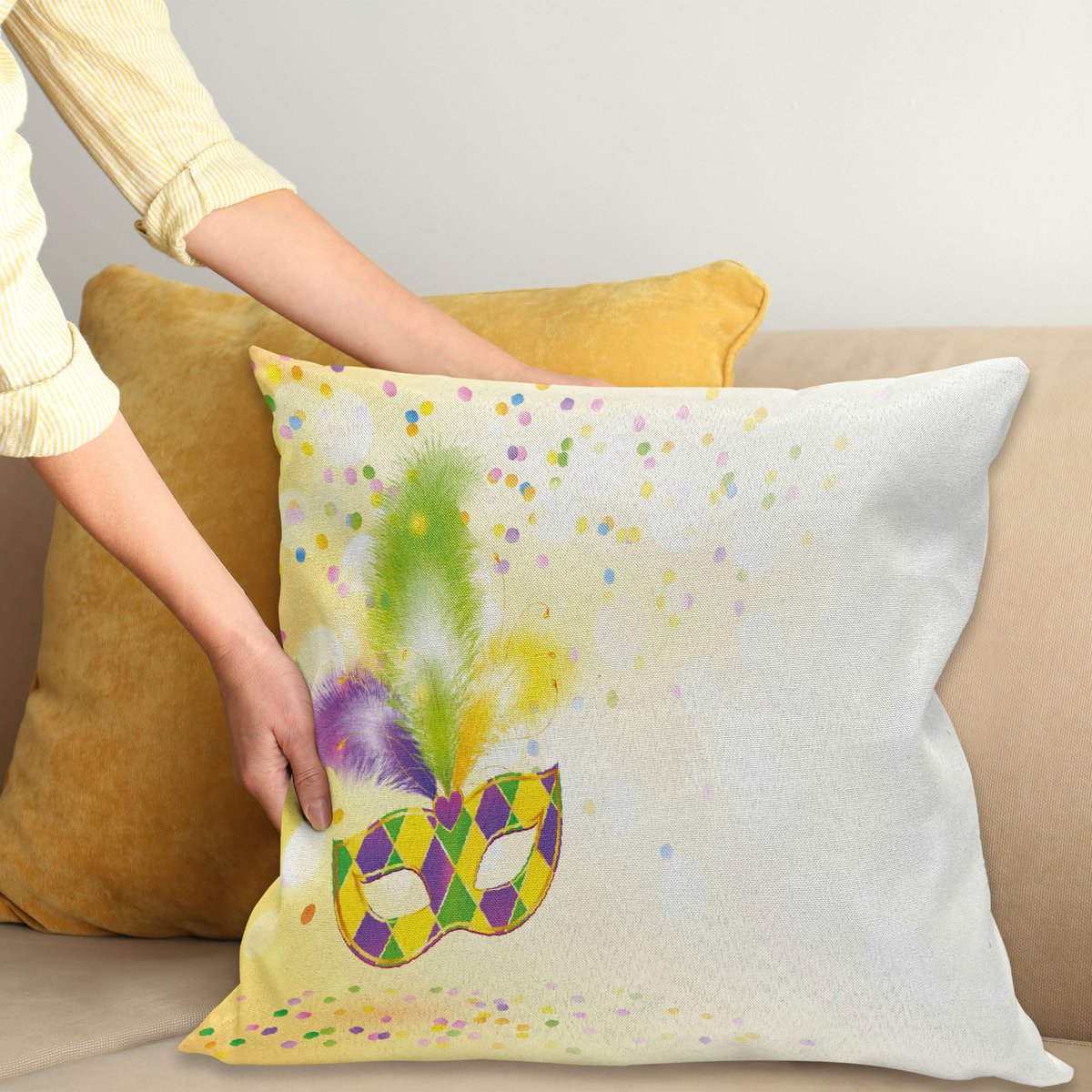 ABAKUHAUS Carnaval Kussenhoes – Dubbelzijdig bedrukt – 40x40 cm – Geel Groen Paars