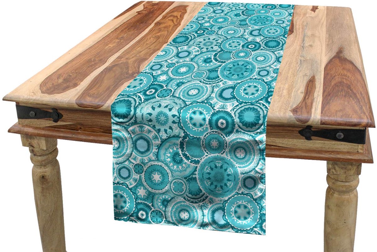 ABAKUHAUS tafelloper – mandala rond 40x180 cm – turkoois-wit