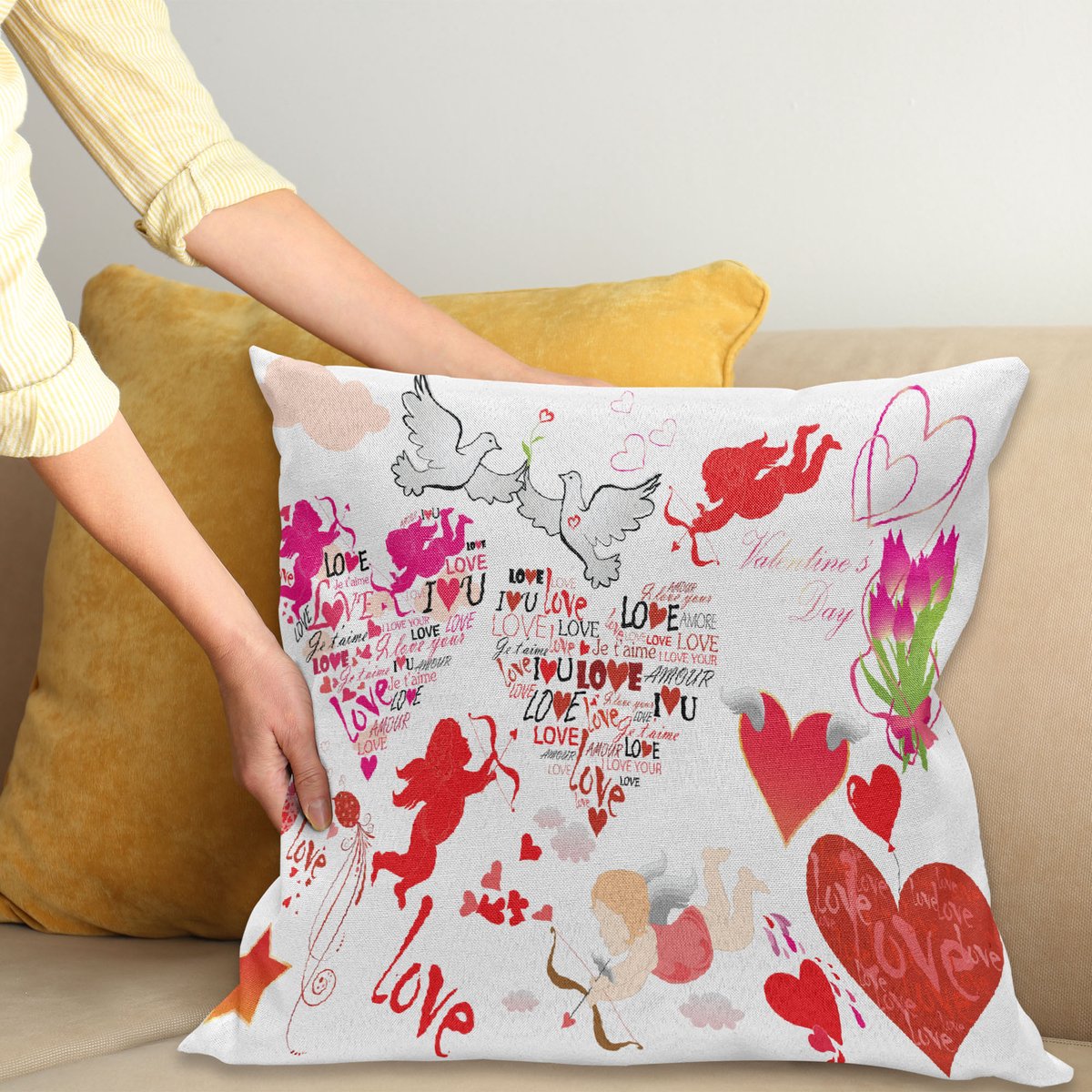 ABAKUHAUS Liefde Kussenhoes – Valentijn – 40x40 cm – dubbelzijdig bedrukt Rood Roze Wit Veelkleurig