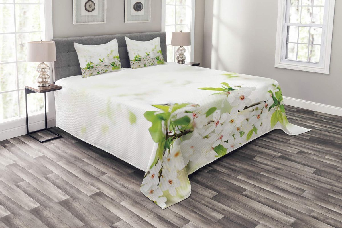 ABAKUHAUS Bloem Bedsprei Set – Dubbelbed 264x220 cm – Wit & Groen