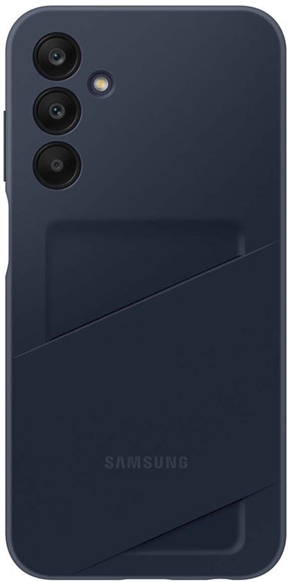 Donkerblauwe telefoonhoes met drie cameralenzen en een diagonaal kaartvak. Samsung logo zichtbaar.