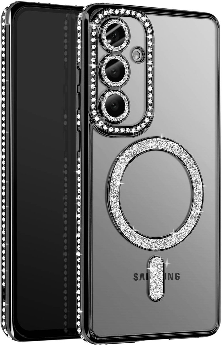 Avizar Diamond Hoesje Geschikt voor Samsung Galaxy S25 MagSafe Omtrek Strass, Zwart