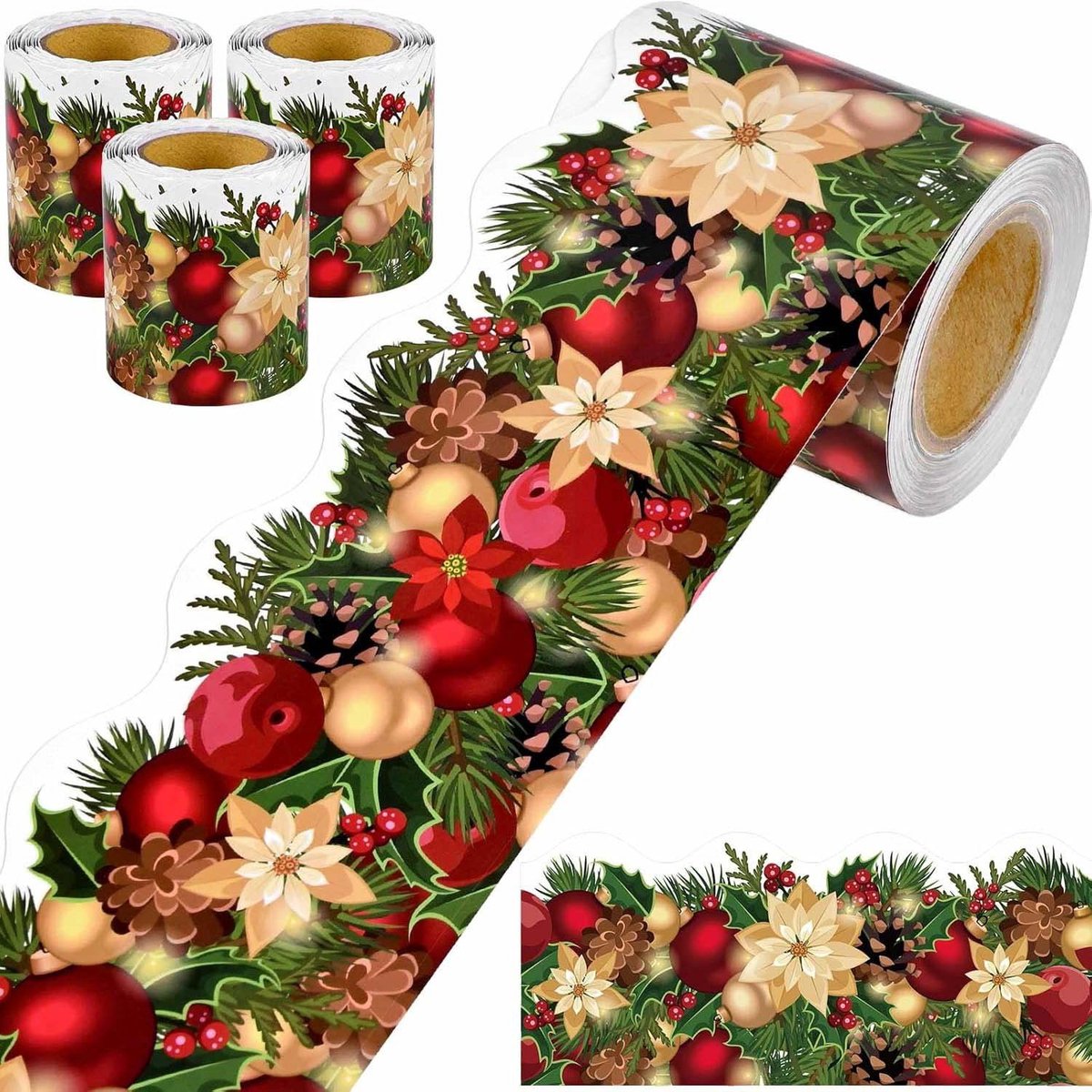 3 stuks - Kerstversieringen - Stickers - Randstickers op rol - Voor ramen, wenskaarten en knutselwerkjes - Zelfklevende feestelijke randversieringen - Diverse kleuren