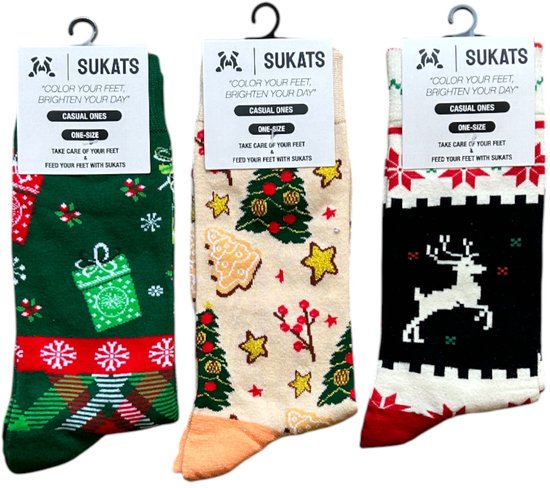 Sukats® The Casual Ones - 3 Paar - Maat 38-44 - Kerstsokken - One-Size - Dames en Herensokken - Set E - Happy Colorful Socks - Grappige Sokken - Vrolijke Sokken - Cadeausokken