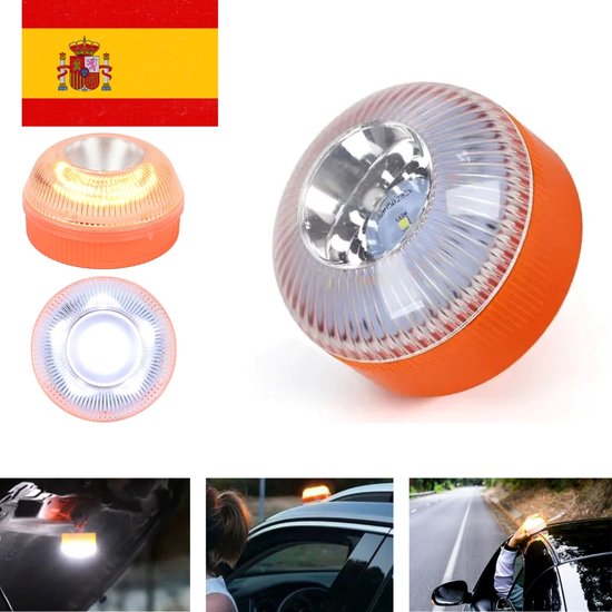 Oranje V16 noodlamp met de Spaanse vlag. Rond, met doorzichtige geribbelde kap en oranje basis.