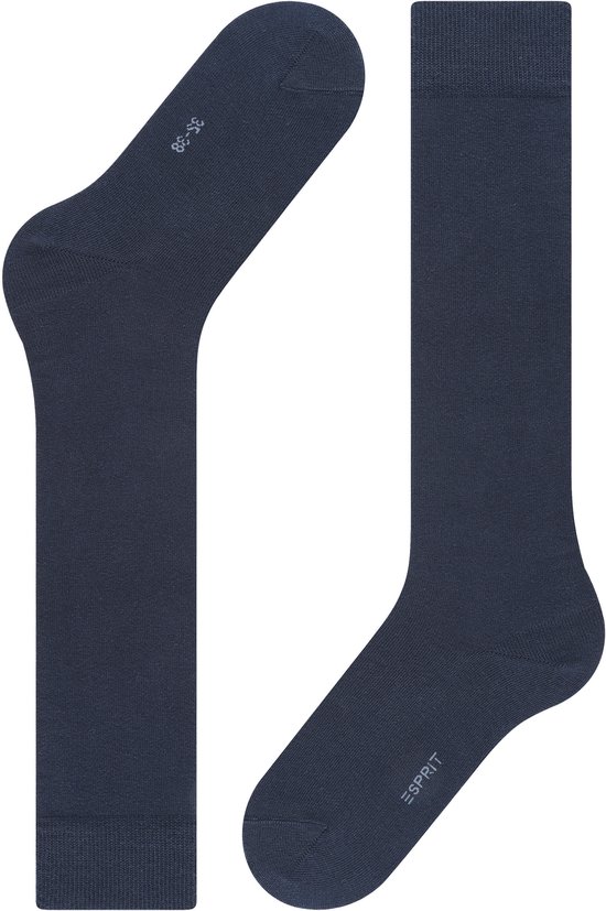 Blauwe kniekousen, één met maatlabel '39-42', de andere met 'esprit' logo.