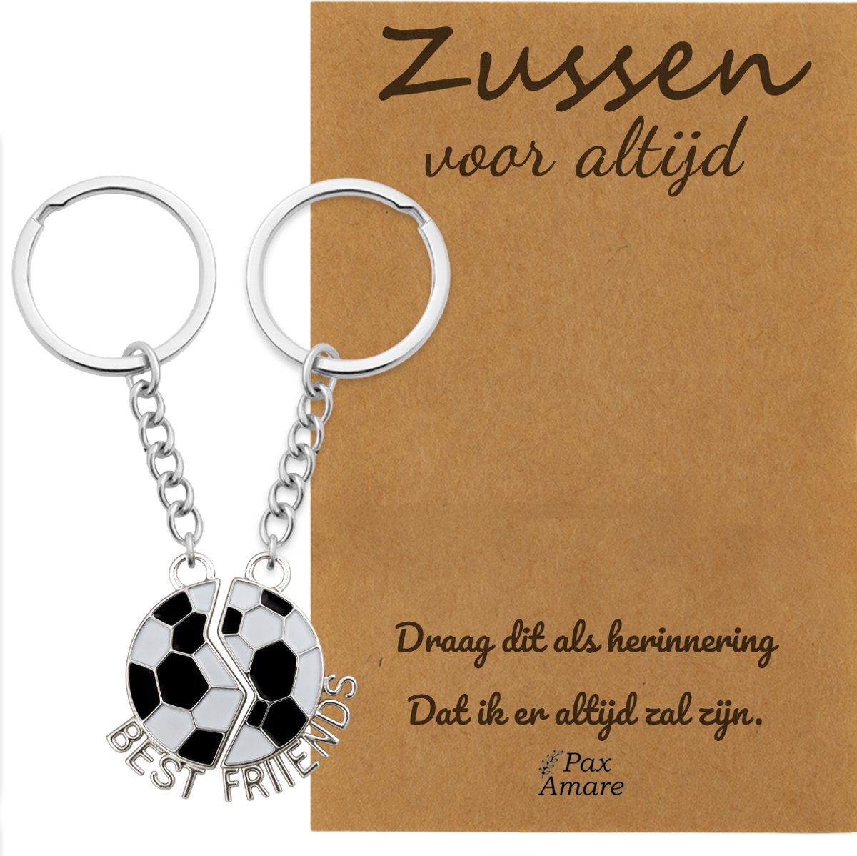BFF Sleutelhanger voor 2 'Zussen voor altijd' - Magnetische Voetbal - Sleutelhanger set op Cadeau Kaartje Sleutelhanger set - Zilverkleurig - Vriendschap Symbool - Pax Amare