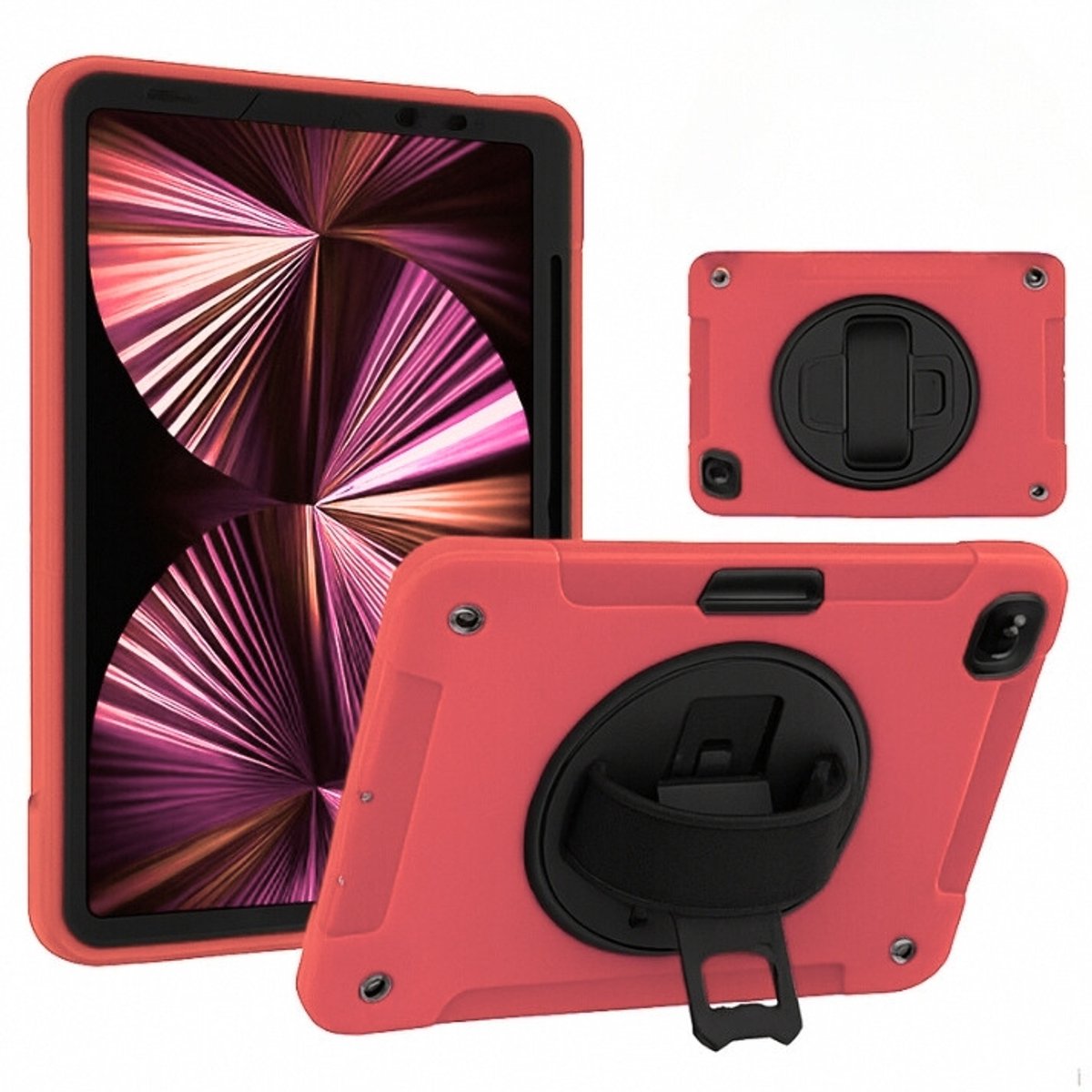 iPad Air 4-5 en iPad Pro 11 (2018–2022) – 360° Draaibare Handgreep – Schokbestendig Siliconen Hoesje - roze-zwart