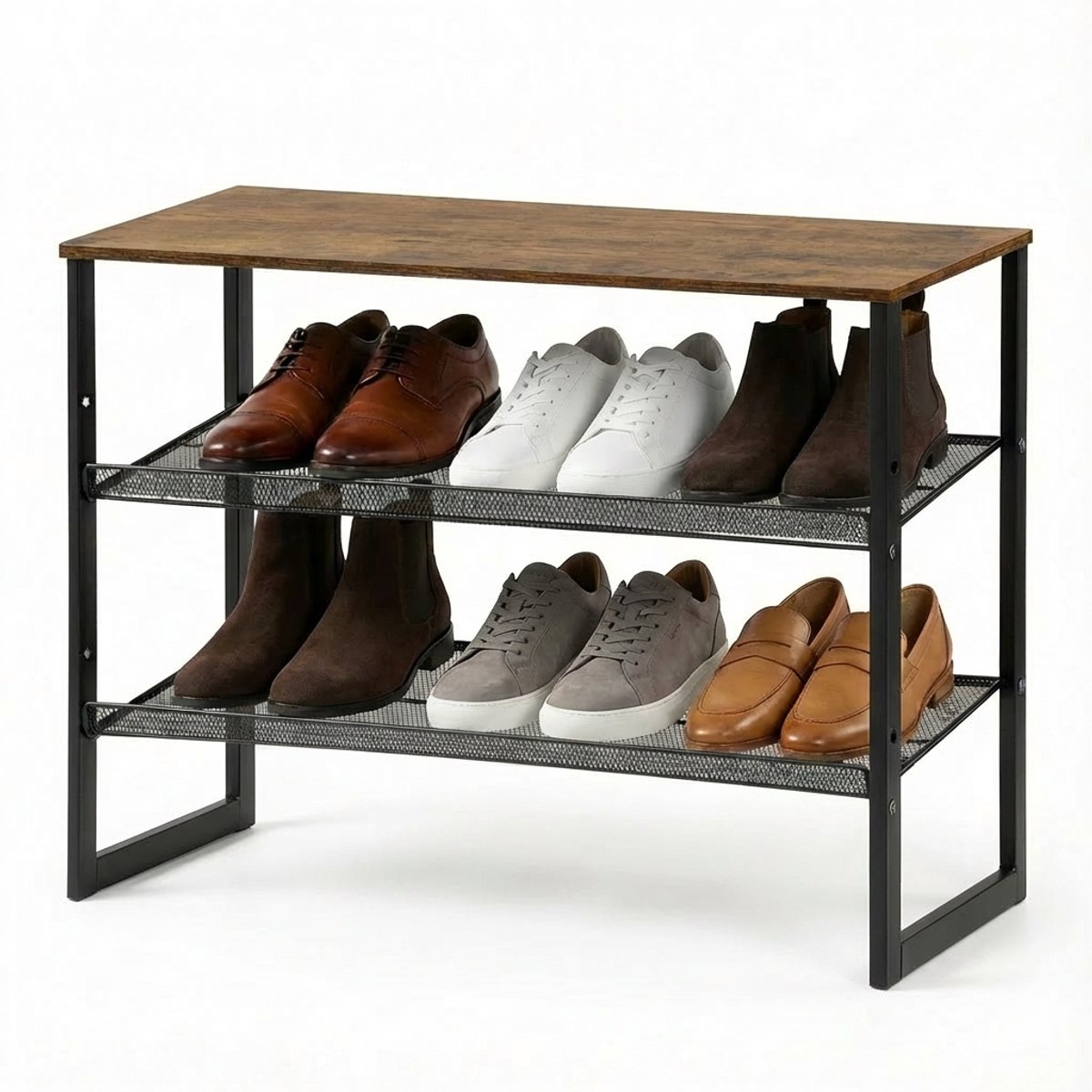 Schoenenrek 3 Lagen – Modern Industrieel Schoenenkast – Hout & Metaal - 64x30x52cm - Zwart/Bruin