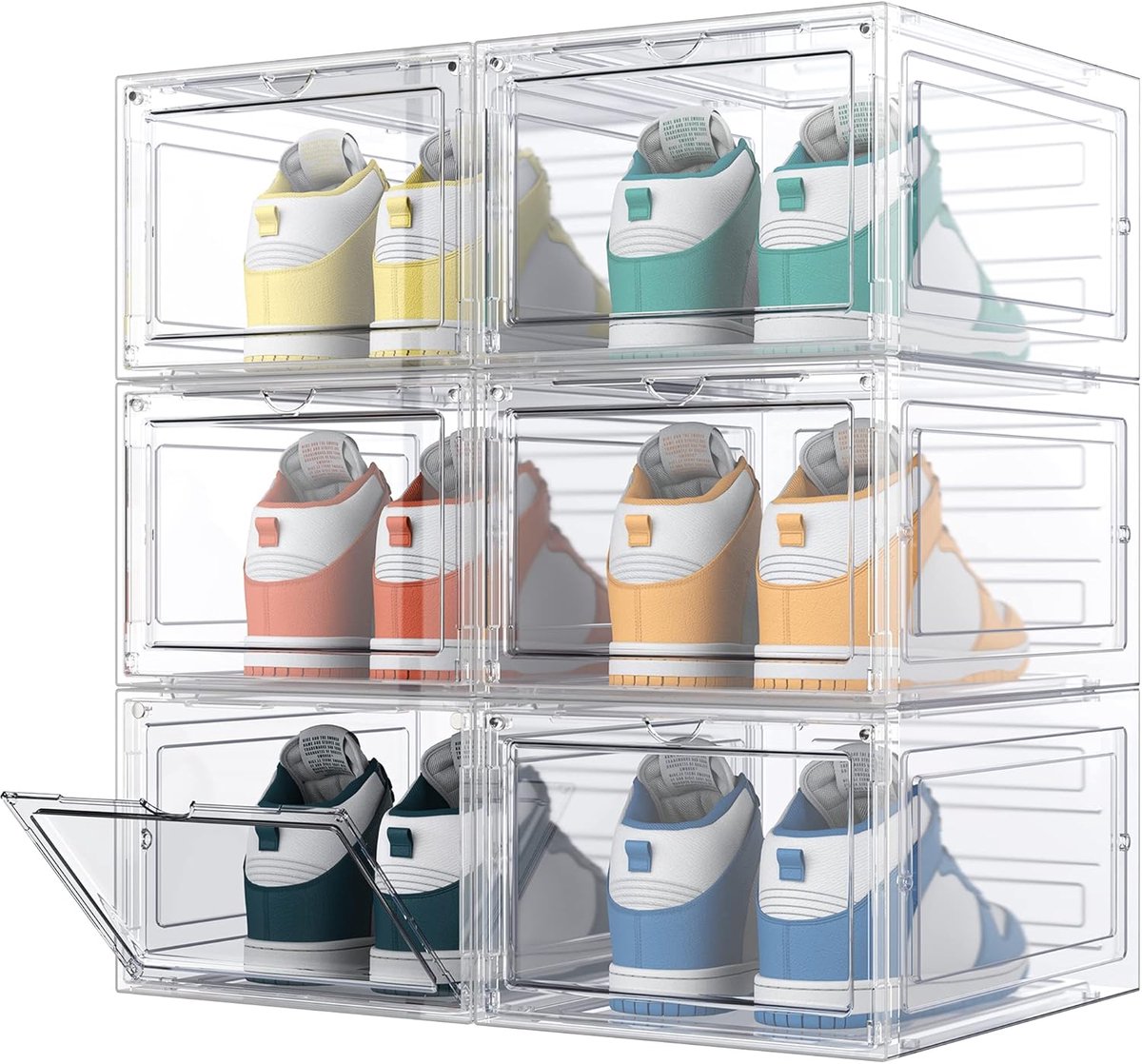 Schoenendozen, stapelbaar, transparant, 6 stuks, hard plastic, met deksel, schoenenopslag voor hoge hakken, enkellaarzen, pumps, hoge tops, voor maat 46, transparant