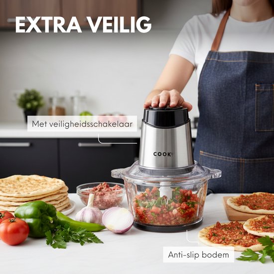 Elektrische hakmolen met glazen kom, anti-slip bodem en veiligheidsschakelaar. "Extra veilig"