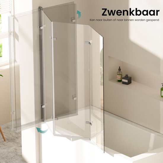 EMKE Paroi de Baignoire - Paroi de Baignoire Pliante en 3 Parties - 130x140 cm - Chrome - Verre de Sécurité Transparent 6 mm - Revêtement Nano - Profilé en Aluminium - Pare-baignoire