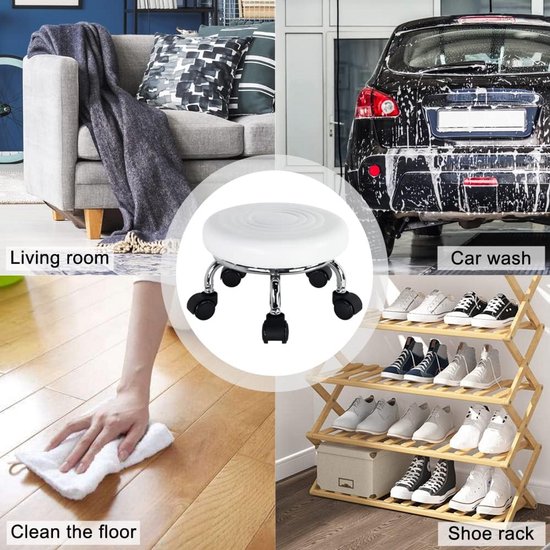 Lage rolstoel wielkruk stoel PU-leer rollende kruk met universele 5 wielen voor thuiskantoor Fitness pedicure en schilderen Ronde rolstoelkruk, Zwart1 (Rood1) (Rood1