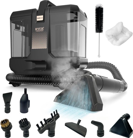 Tapijtreiniger Hybridsteam 1800W - Stoomreiniger en Vlekkenreiniger - 8 Opzetstukken - 100° Stoom - Bankreiniger - Meubelreiniger - Matrasreiniger - RYER