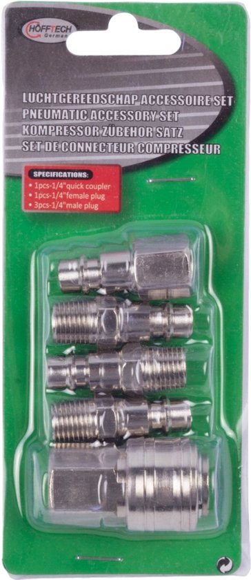 Een verpakking met een Höfftech luchtgereedschap accessoires set met 5 delen: 1x vrouwelijke koppeling, 3x mannelijke nippel, 1x mannelijke plug.