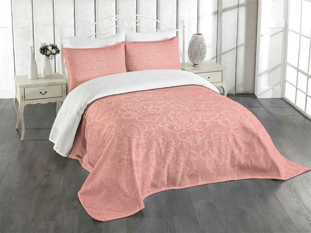 ABAKUHAUS Perzikkleurige bedsprei – antieke kant met ombre – 220x220 cm – 3-delig – koraalrood